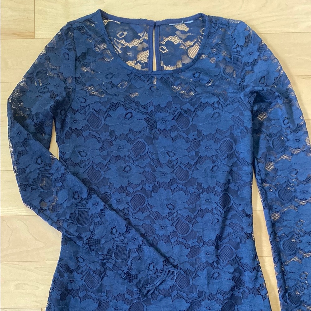 Elegant Blue Lace Long Sleeve Dress